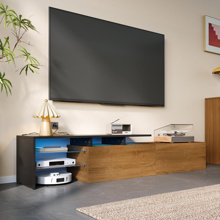 Black wooden finish TV cabinet with glass shelves and LED lighting KNEEJOINT