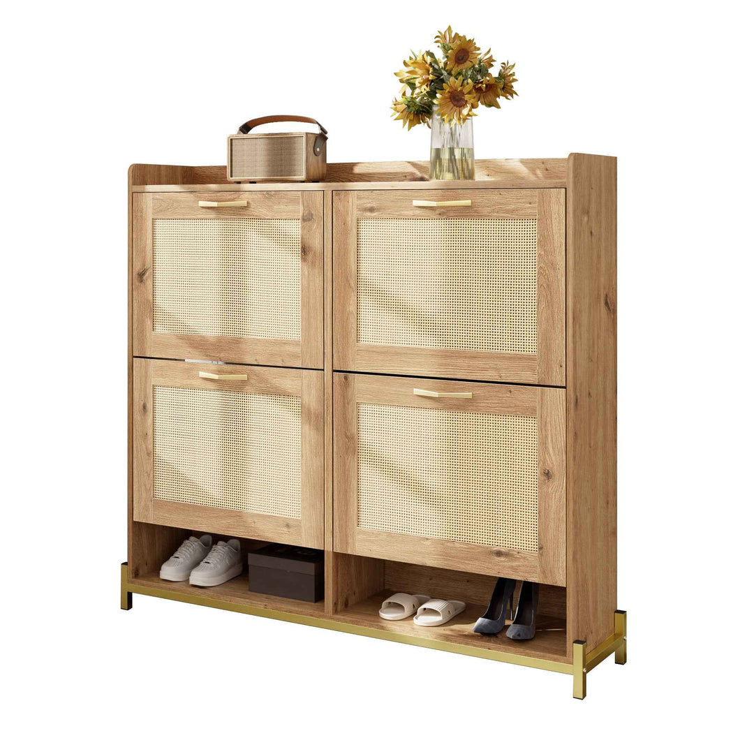 00+Shoe Cabinet with Rattan Doors & 4 Doors, Space-Saving Storage for Hallway CONCRETECREDENZA