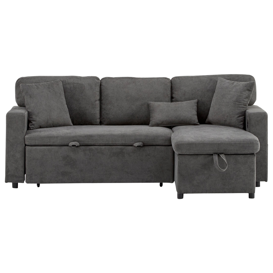 Grey L-shaped corner sofa bed, side shelf with integrated USB and storage VOLATILGAS