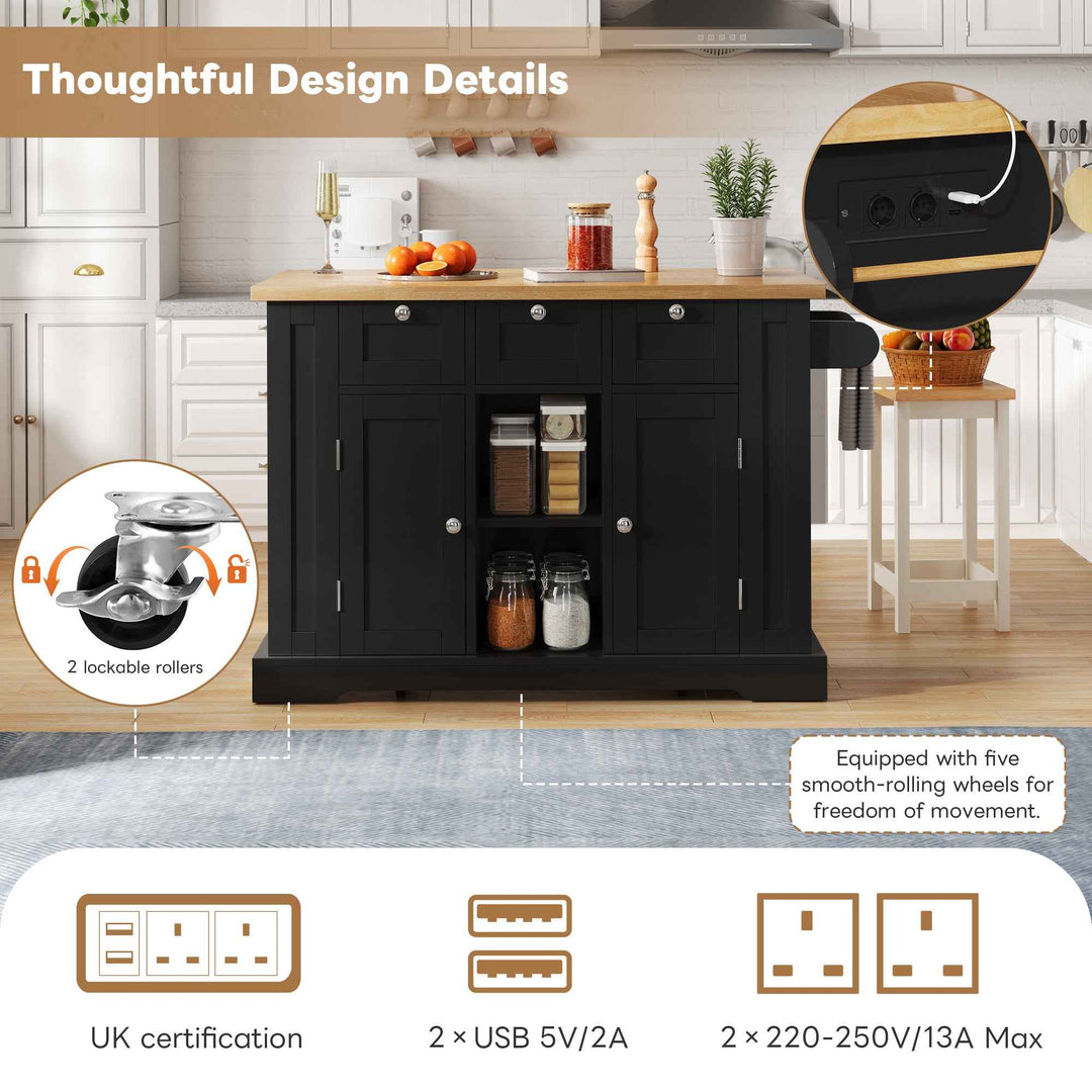 00+Kitchen Island on Wheels 132cm, Foldable Drop Leaf, MDF, Natural+Black, 3 Drawers, Spice Rack, Towel Holder, Charging Station VERTEXKORR
