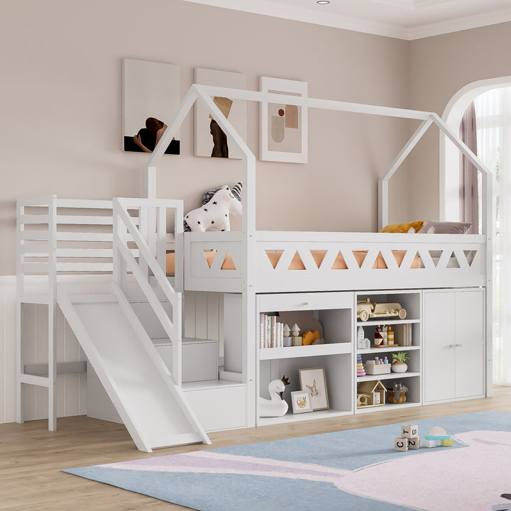 White wooden loft children single bed with slide, stairs, and storage (90x190cm) BLOOMPEAK