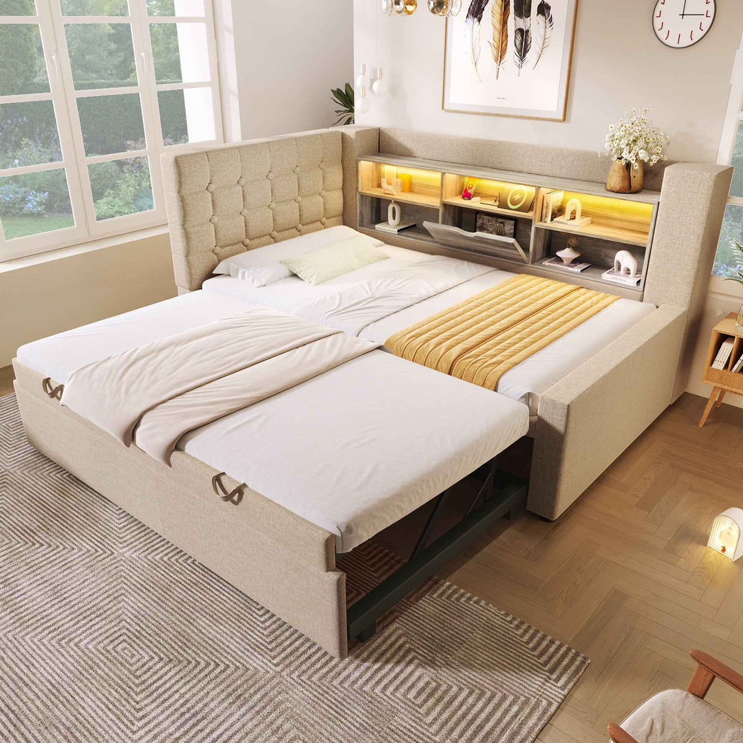 00+Modern Sofa Bed with Trundle 90 x 190 cm Linen Beige, LED Storage, USB & USB-C Charging VANITYFLOW