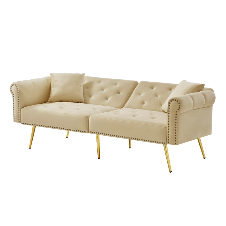 Modern upholstery velvet beige 2-seater sofa bed, adjustable backrest & gold-plated metal feet EUKARYOT