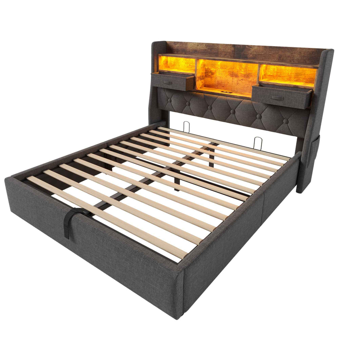 00+Double Bed Frame 135x190cm Hydraulic Storage Bed with LED Lighting, Grey Linen, No Mattress CONCRETENIGHTSTAND