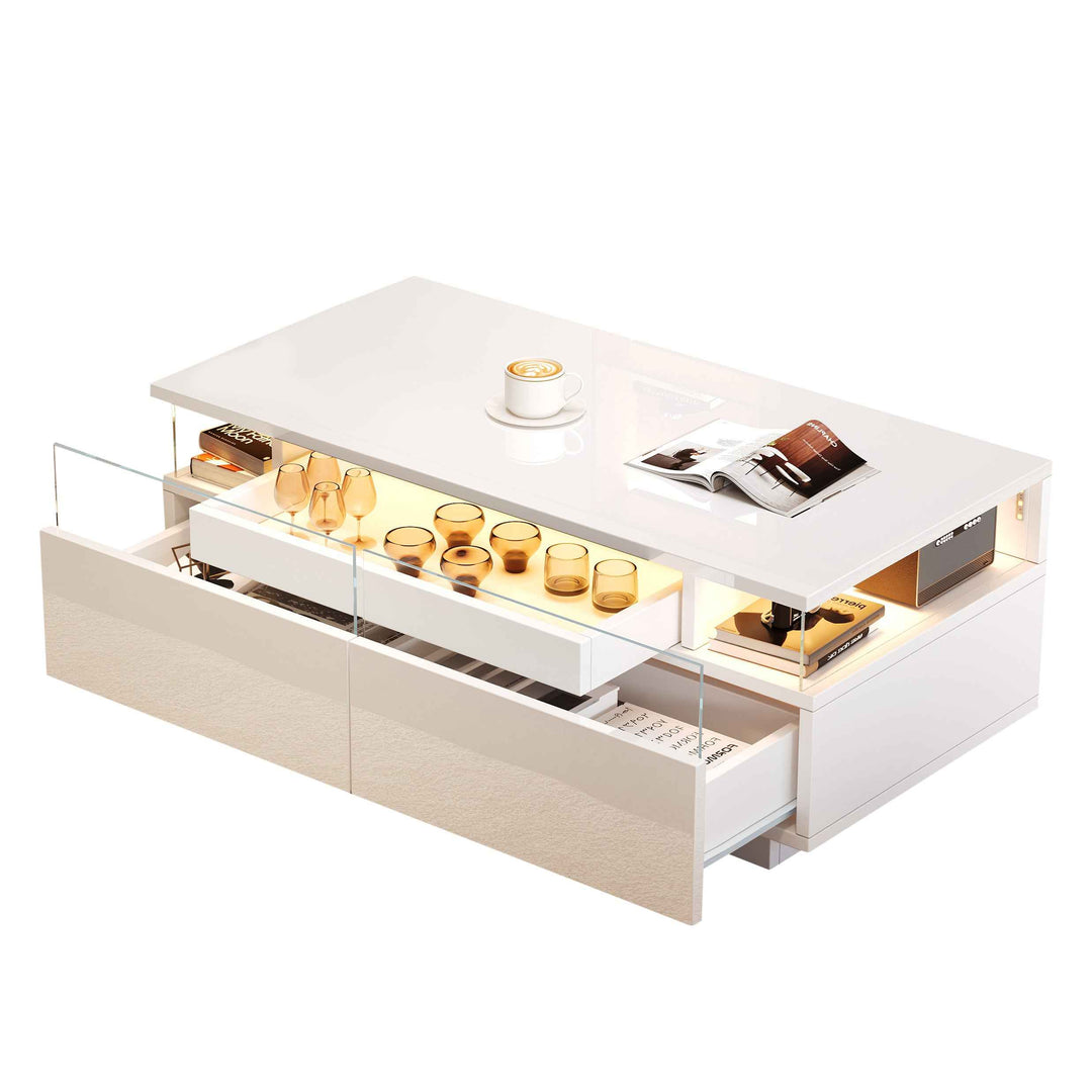 White high gloss coffee table with LED lights, 2 drawers, pull-out tray FLAREVORNAX