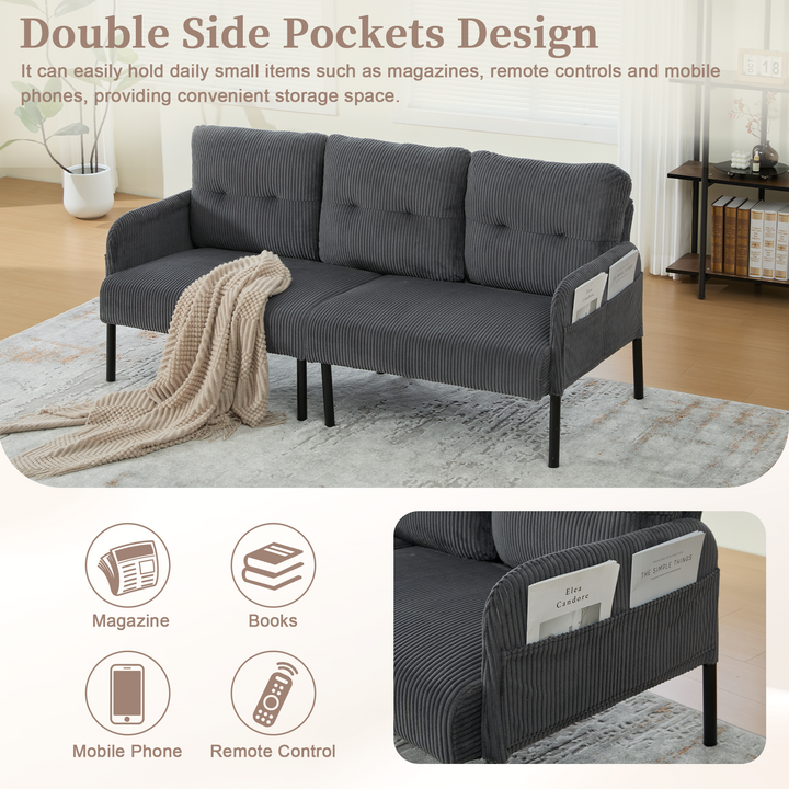 00+Oversized Loveseat Sofa, Corduroy Upholstered Double-Seater, Charcoal Grey for Living Room NOVALA