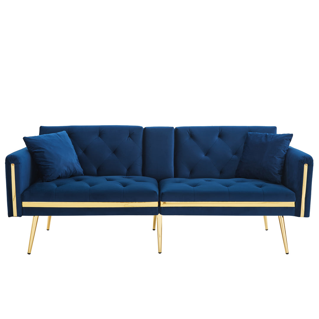 Blue velvet tufted 2-seater sofa bed with gold legs hidden fold-down cup holder FUMAROLEVENT