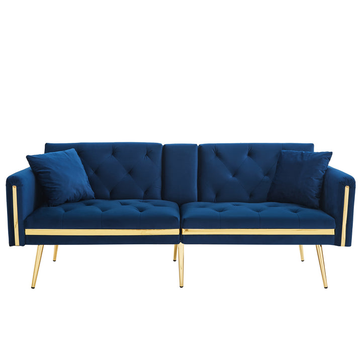 Blue velvet tufted 2-seater sofa bed with gold legs hidden fold-down cup holder FUMAROLEVENT
