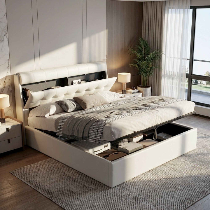Double ottoman bed frame PU cream white headboard storage no mattress 135x190cm