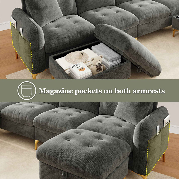U-shaped tufted 4-seater modular sofa with 2 storage ottomans, chenille grey and golden legs QUADSHELF