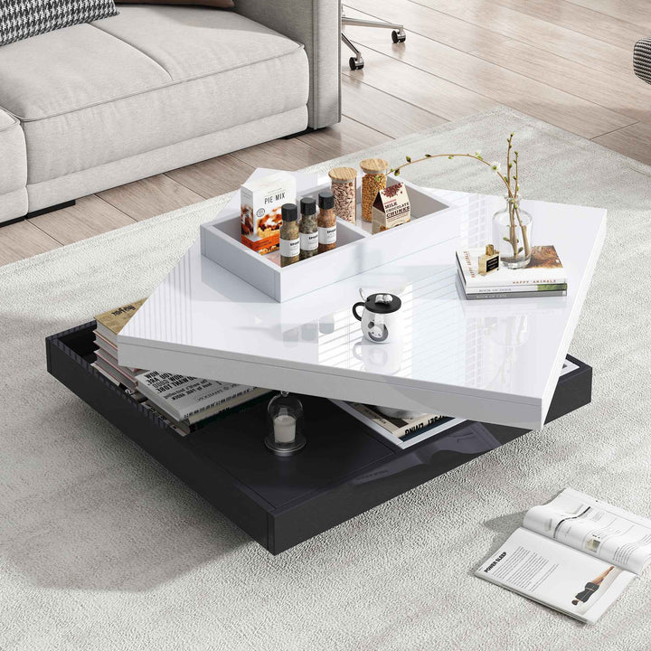 360° Rotating Coffee Table, 70x70x36cm, High-Gloss White & Black, Marble-Patterned Particleboard, Double-Layer Storage, Modern Living Room Table