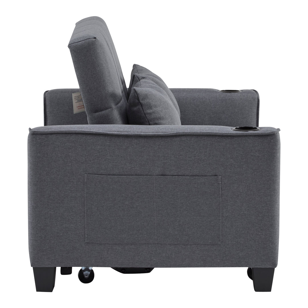 Gray fabric convertible 2-seater sofa bed pull-out design, adjustable backrest, and storage FROSTSTONE