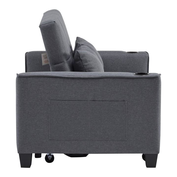 Gray fabric convertible 2-seater sofa bed pull-out design, adjustable backrest, and storage FROSTSTONE