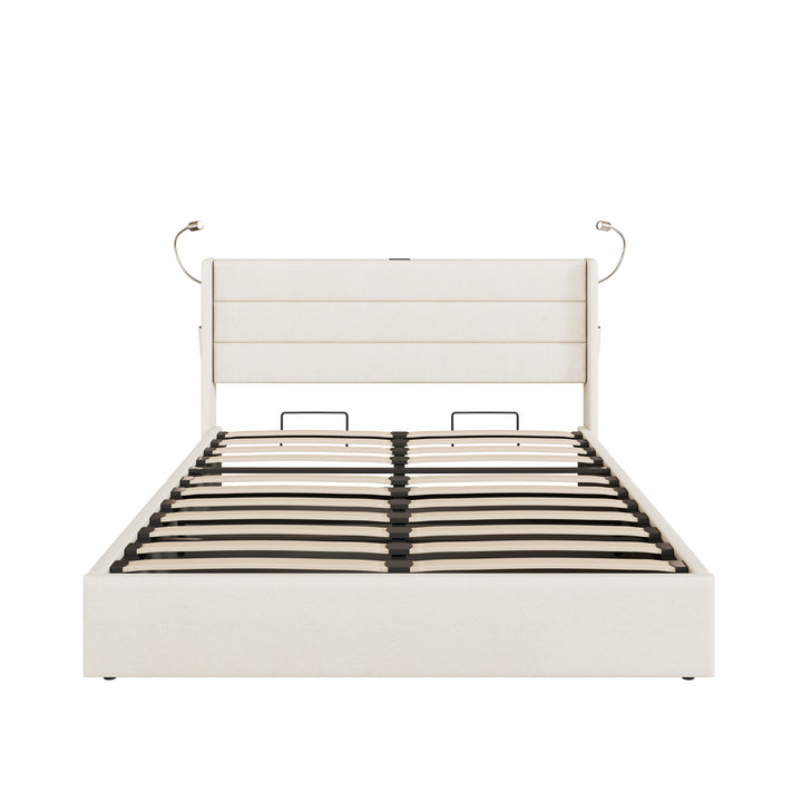 Beige linen upholstered king size divan bed with storage, lampe and charging station 150x200cm GRANULE UK