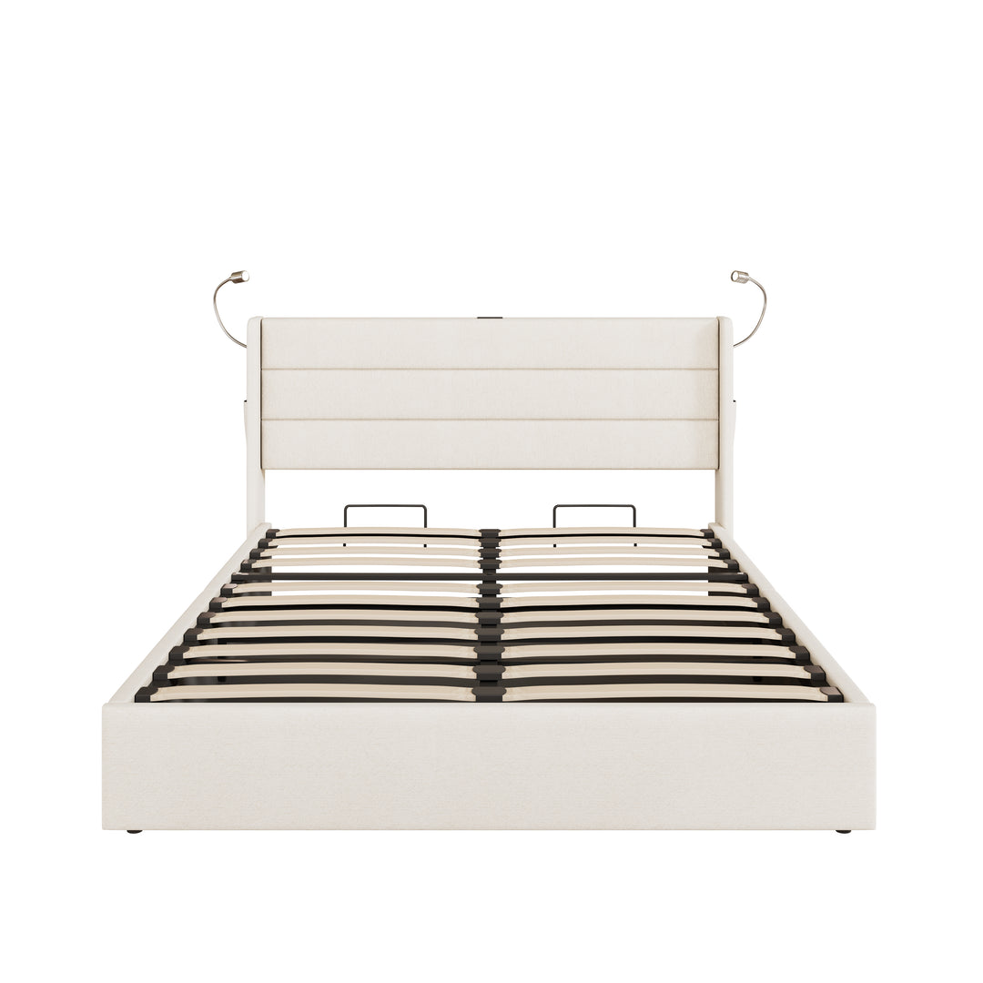 Beige linen upholstered king size divan bed with storage, lampe and charging station 150x200cm GRANULE UK