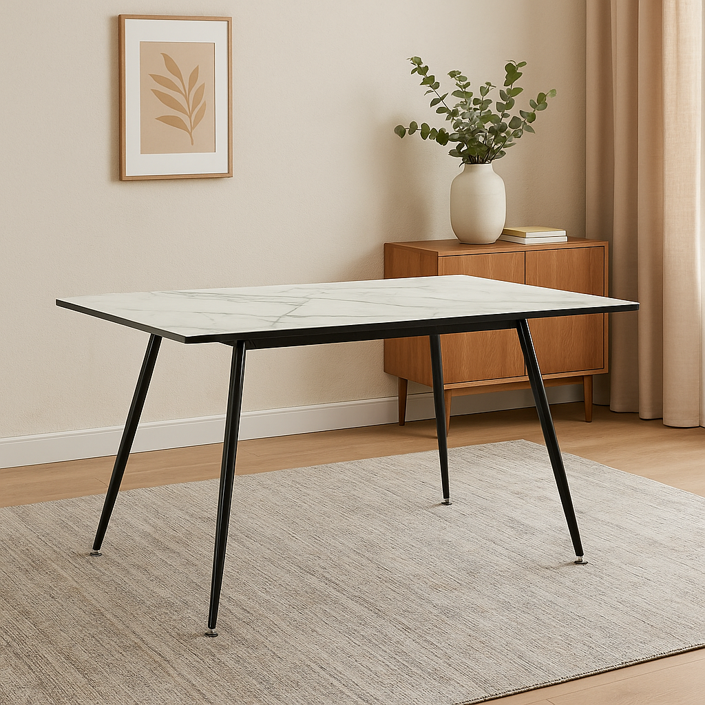 Rectangular extendable effect white marble dining table Scandinavian style gold dot feet 120-160 cm WHALEN WHITE MARBLE STRETCH TABLE BG