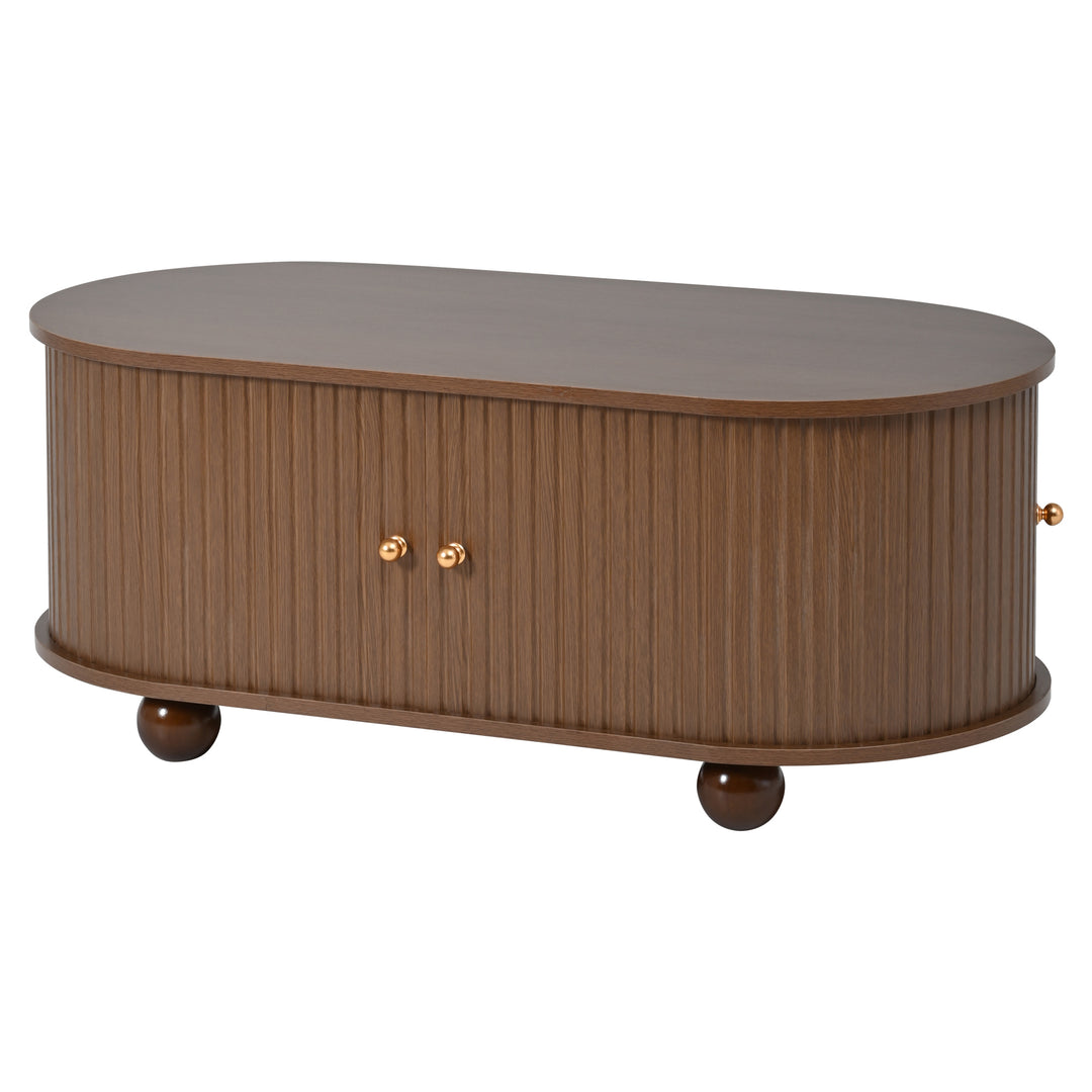 Retro wooden look oval coffee table with 2 sliding storage doors CUNEIFORMWEDGE