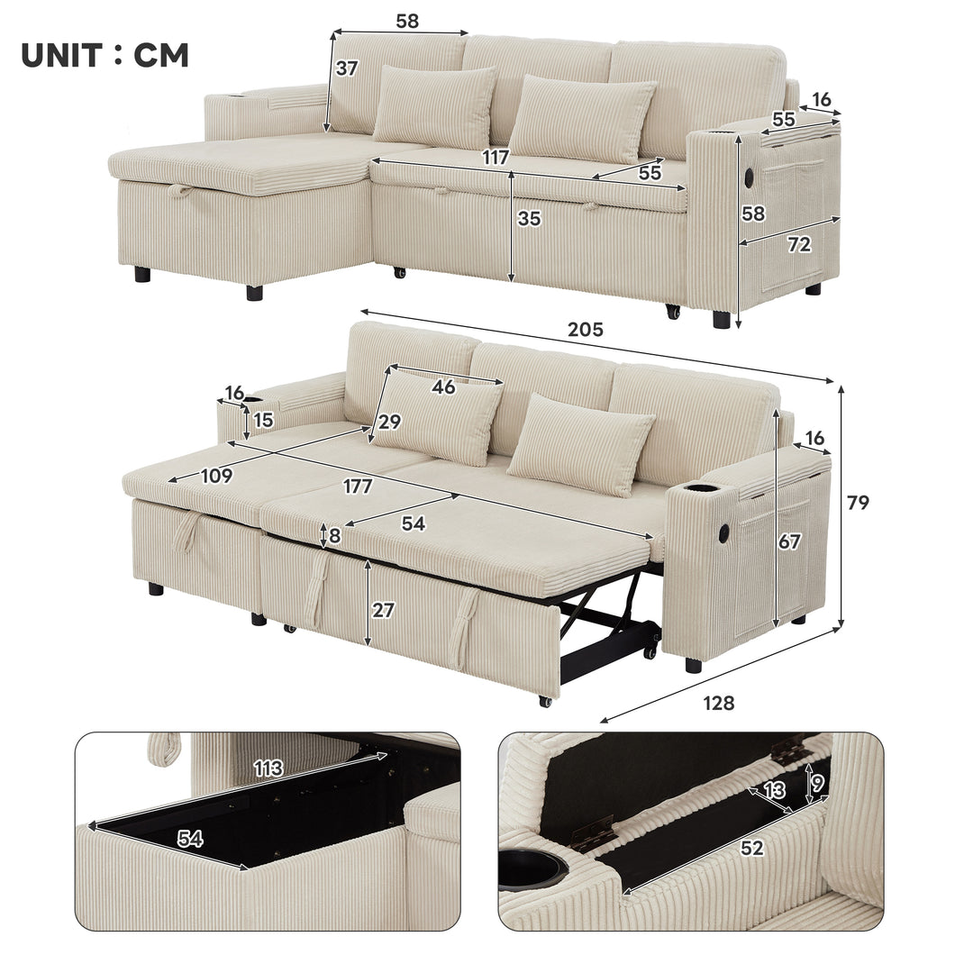 Beige corduroy 3-seater sofa bed trundle bed with storage and USB ports SPELEOTHEM UK