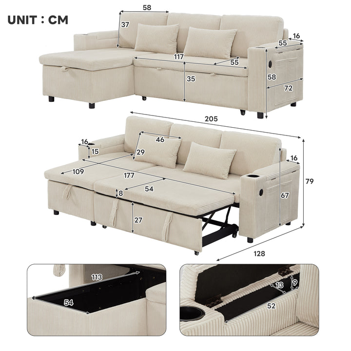Beige corduroy 3-seater sofa bed trundle bed with storage and USB ports SPELEOTHEM UK