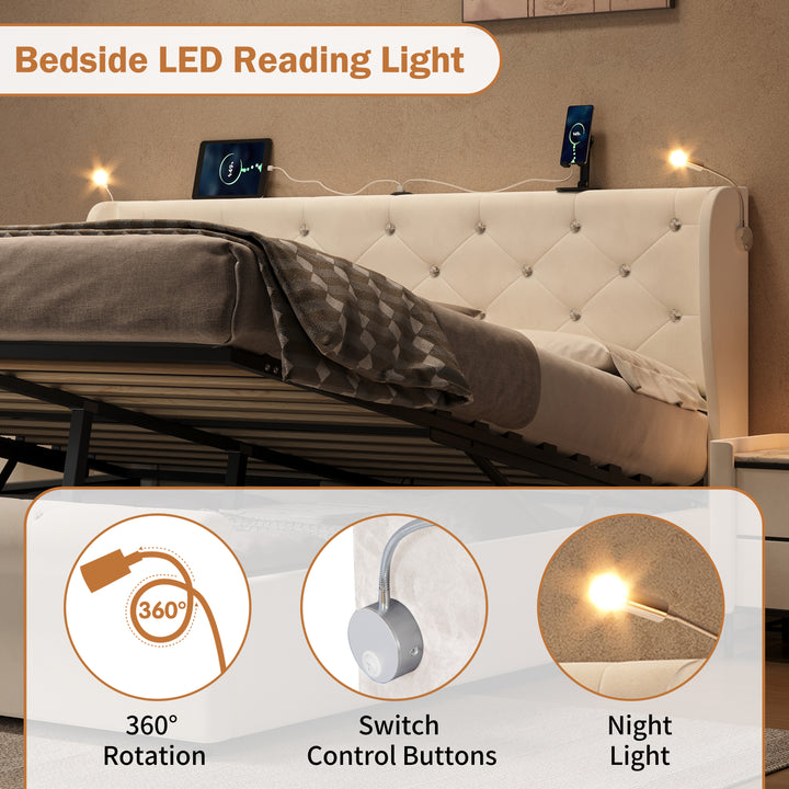 Velvet beige king size ottoman bed end opening with USB reading light 150x200cm PINNACLEION