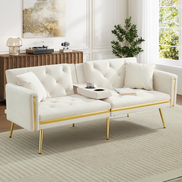 Beige velvet tufted 2-seater sofa bed with gold legs hidden fold-down cup holder COTTONPUFF