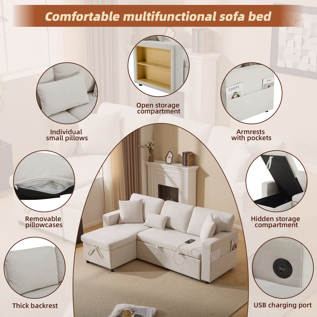 Beige 3-seater corner sofa bed with side shelf and USB ports ANTCOLONY UK