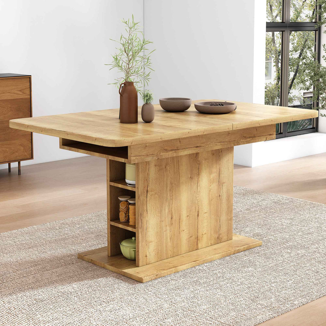 Extendable Dining Table Oak 130x70cm, Space-Saving Rectangular Table with Storage, Modern Iron Frame, Multifunctional Folding Table for Dining, Coffee, Home Office