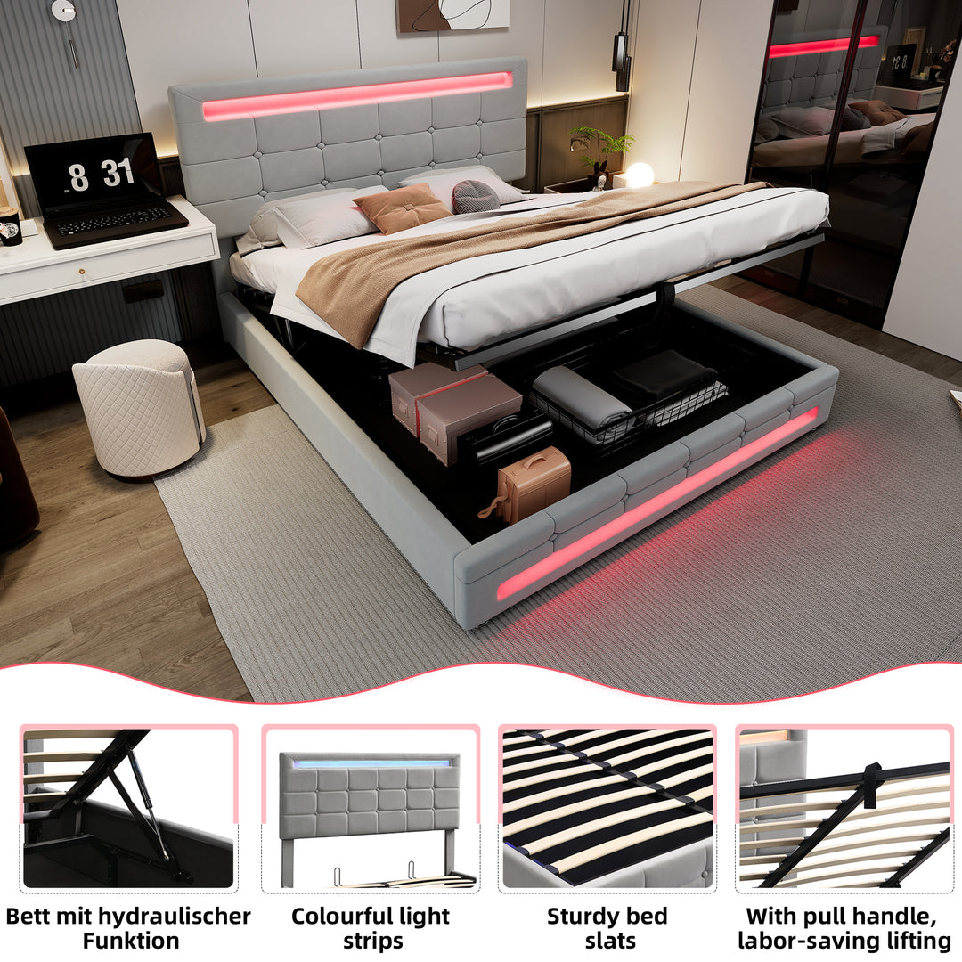 Grey velvet upholstered ottoman double bed with LED lighting (135x190cm) ANHYDROBIO