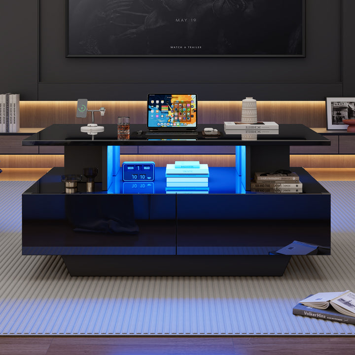 Black high-gloss coffee table 2 drawers with LED lighting ATOMSWALE