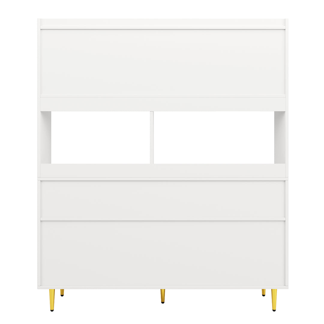 Modern white kitchen cabinet cupboard fluted glass doors, wine rack, and gold accents FROSTGLEN