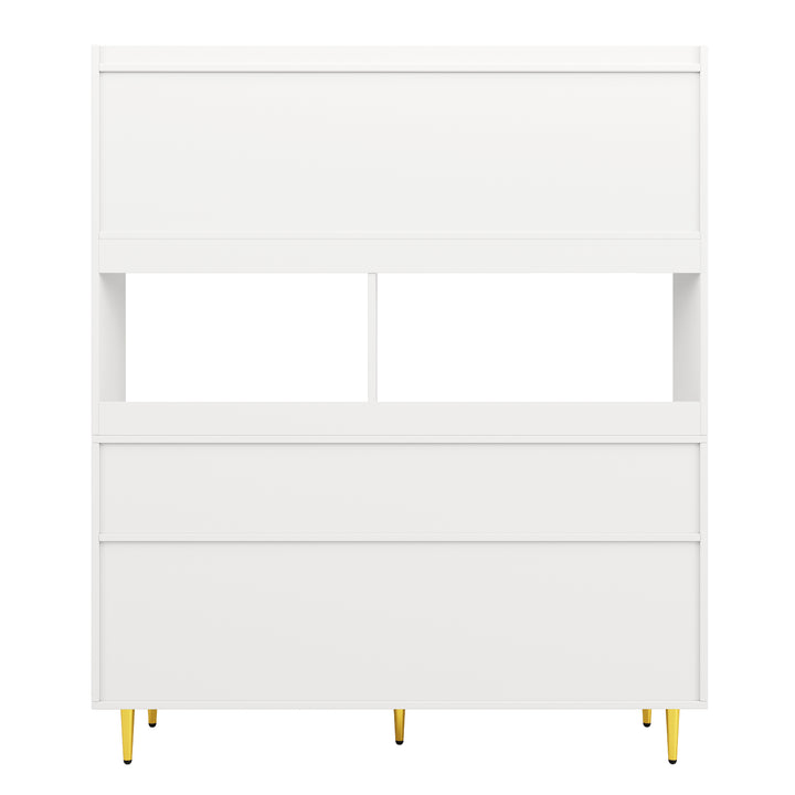 Modern white kitchen cabinet cupboard fluted glass doors, wine rack, and gold accents FROSTGLEN