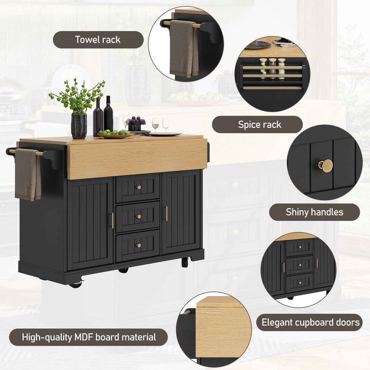 Extendable kitchen island trolley dining bar table wooden and black storage INFINITEMOME
