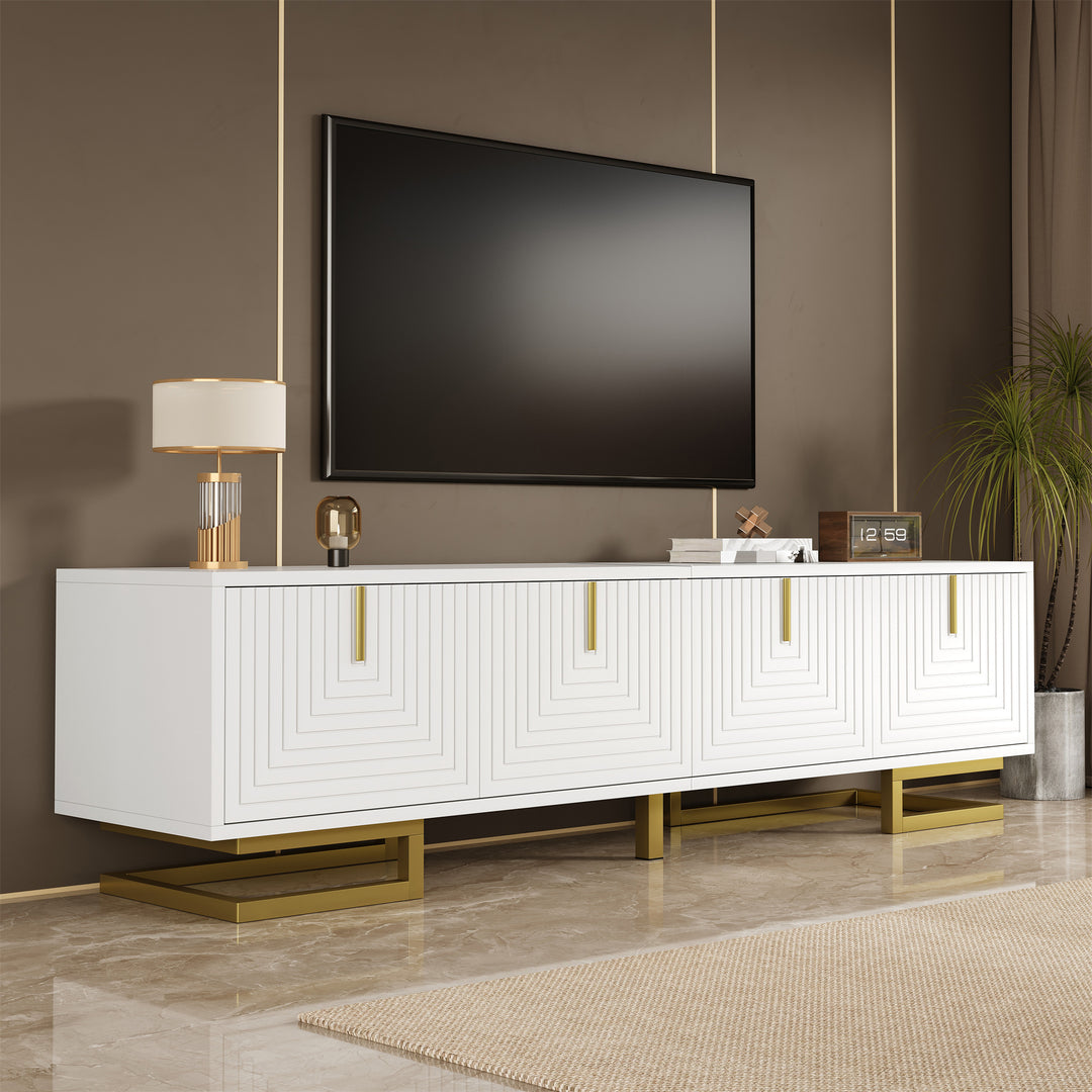 Modern luxury white TV stand textured geometric design with gold accents VIGOURE