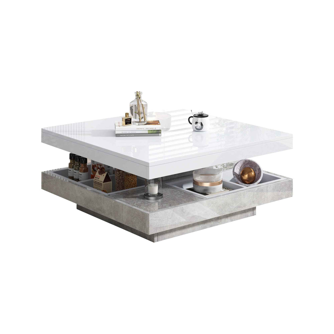 Rotating 360° white high-gloss coffee table marble-patterned, double-layer storage FLARENEXUSA