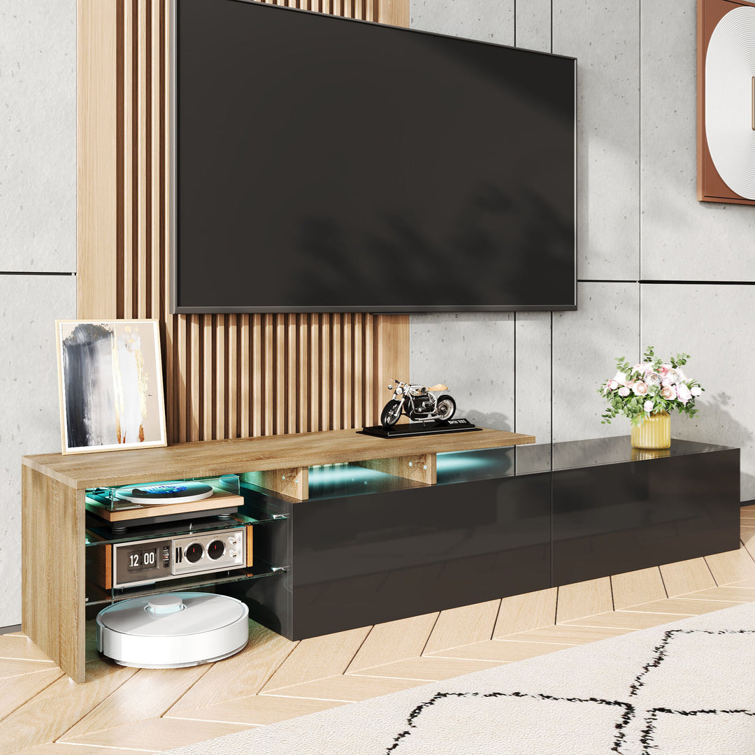 Modern black high gloss TV cabinet with glass shelves and LED lighting KETTLEHOLE