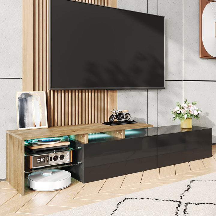 Modern black high gloss TV cabinet with glass shelves and LED lighting KETTLEHOLE