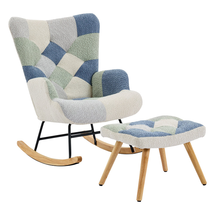 Fabric white blue patchwork rocking chair with solid wood legs and footstool MORASSSLOP