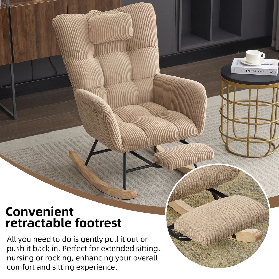 Beige corduroy rocking chair with adjustable footrest OBSIDIANCORE