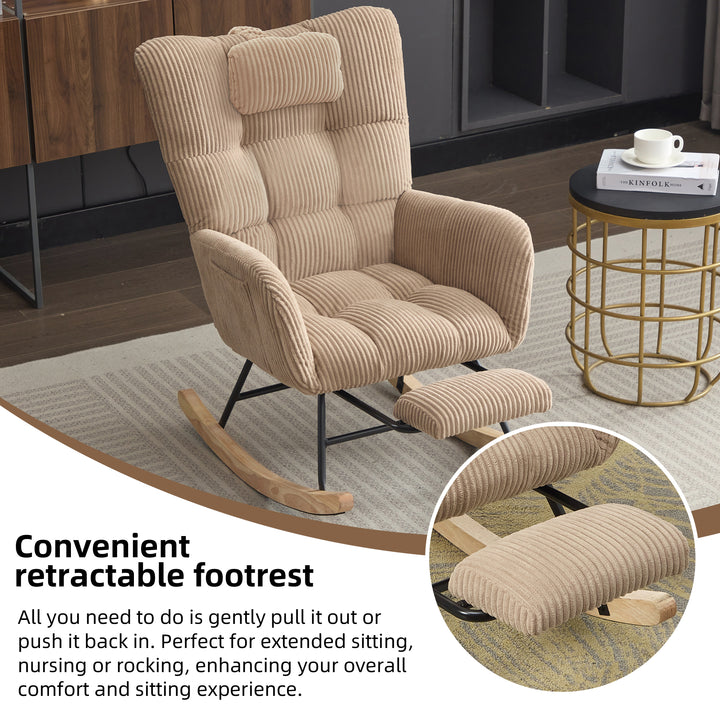 Beige corduroy rocking chair with adjustable footrest OBSIDIANCORE