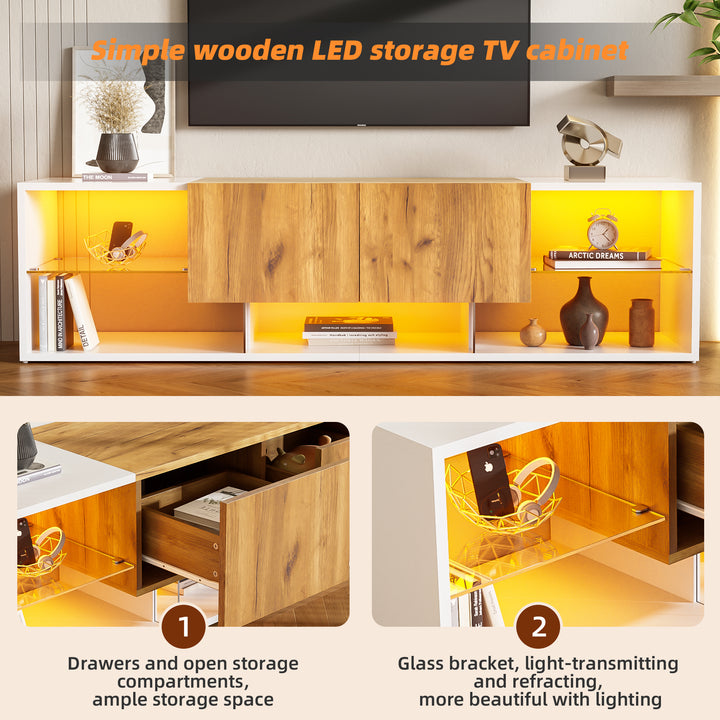 White & wood LED TV stand with 2 drawers and 5 open storage glasses shelves 160×40×42cm LIVERWORTLOBE