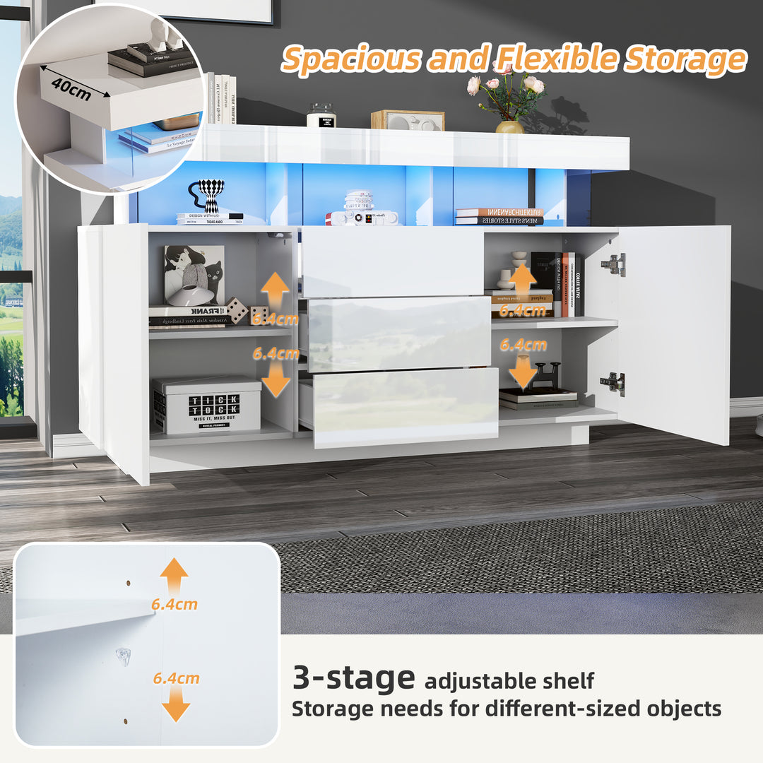 Modern White Sideboard 2 Doors 3 Drawers with LED Lights 140cm WOODMIRROR