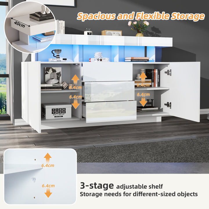 Modern White Sideboard 2 Doors 3 Drawers with LED Lights 140cm WOODMIRROR