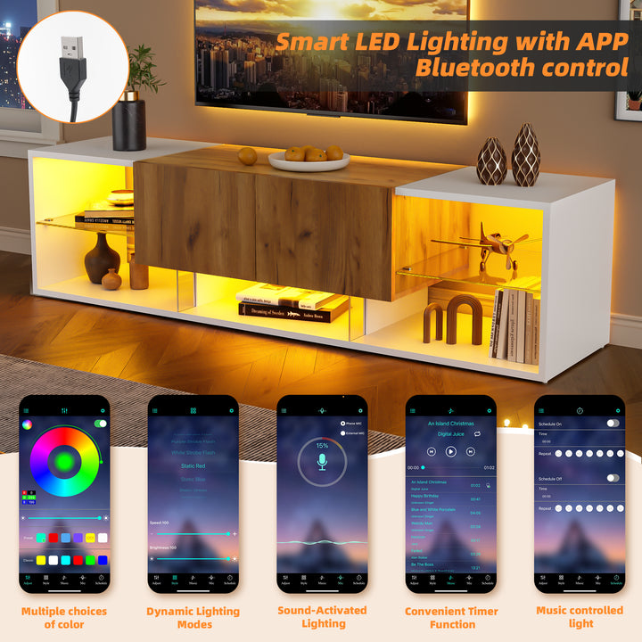 White & wood LED TV stand with 2 drawers and 5 open storage glasses shelves 160×40×42cm LIVERWORTLOBE