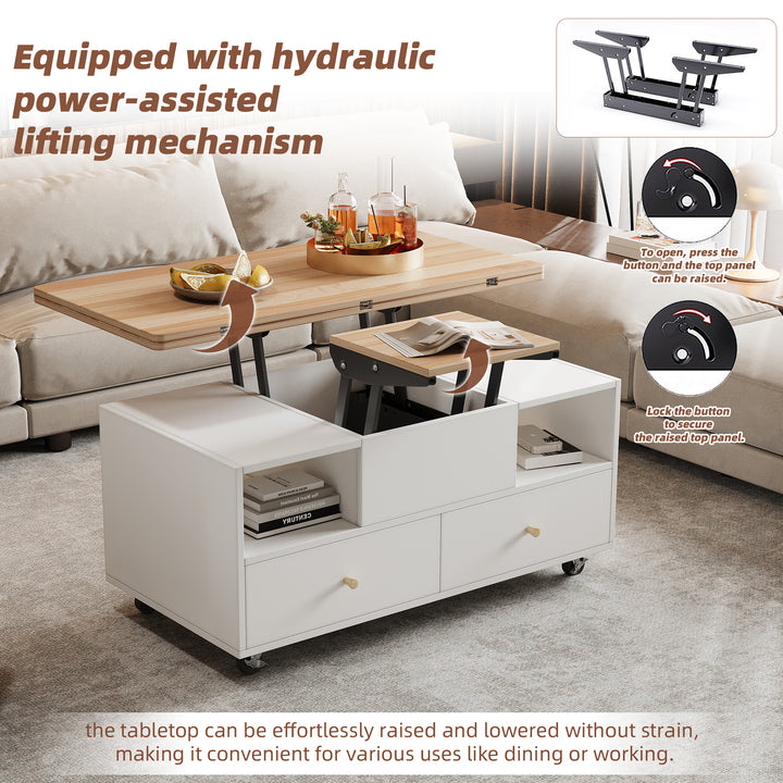 White dual lift-top coffee table 4 drawers with wheels PHOSPHOLIP