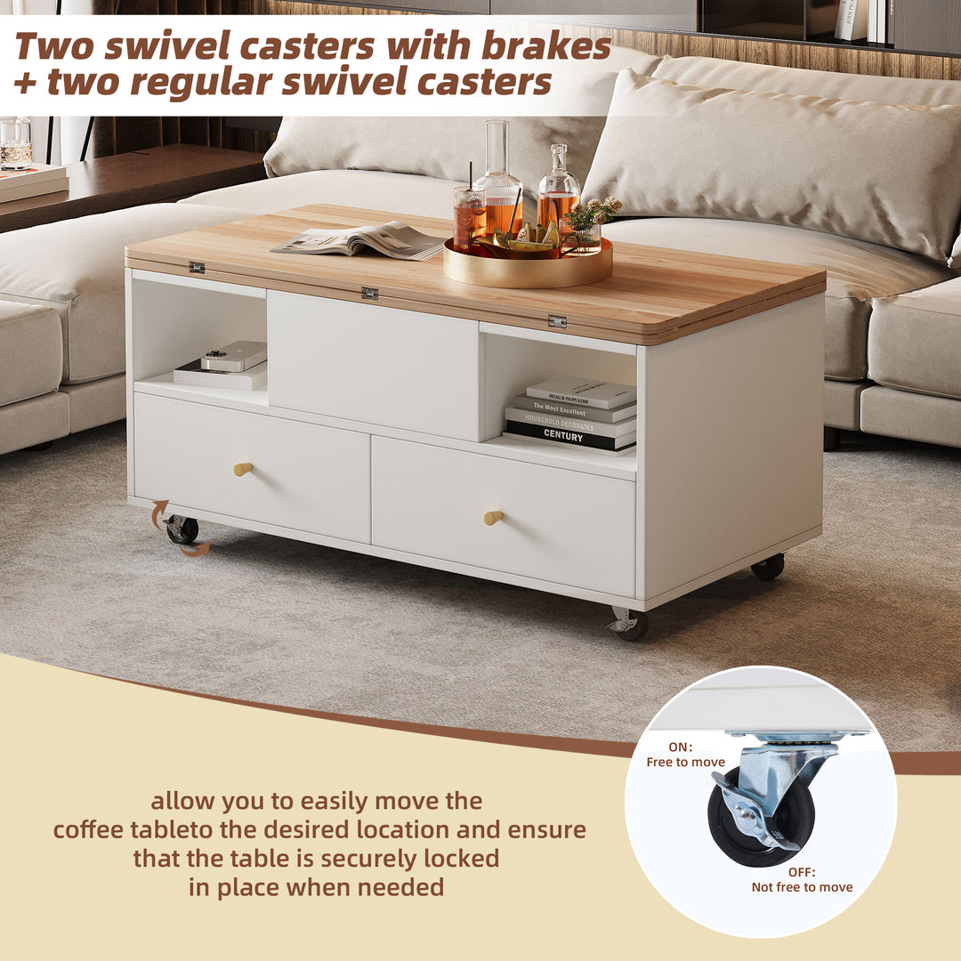 White dual lift-top coffee table 4 drawers with wheels PHOSPHOLIP