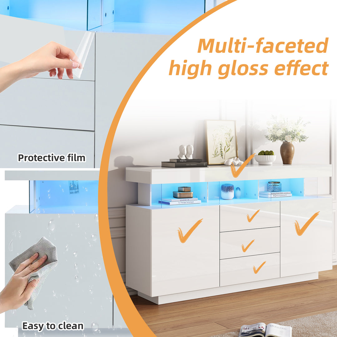 Modern White Sideboard 2 Doors 3 Drawers with LED Lights 140cm WOODMIRROR