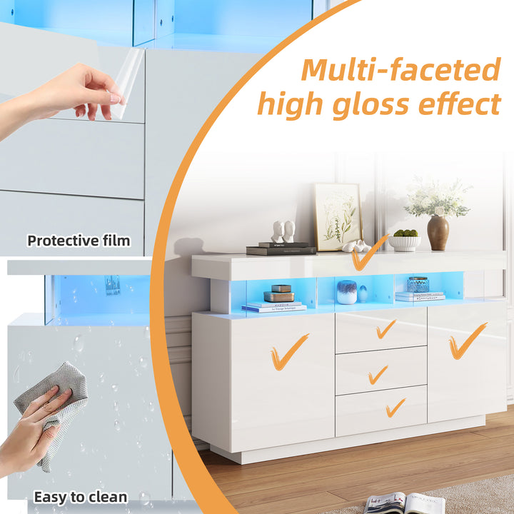 Modern White Sideboard 2 Doors 3 Drawers with LED Lights 140cm WOODMIRROR