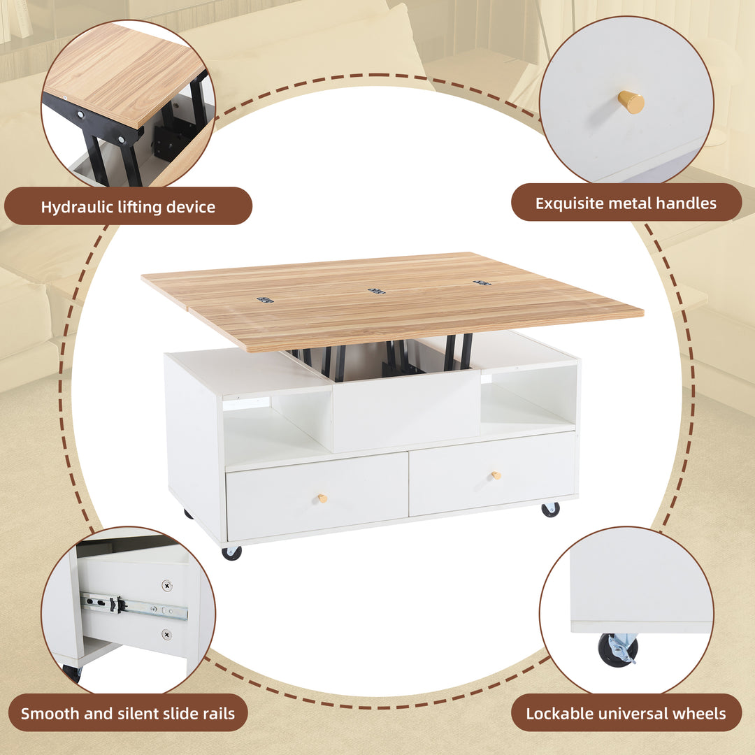 White dual lift-top coffee table 4 drawers with wheels PHOSPHOLIP