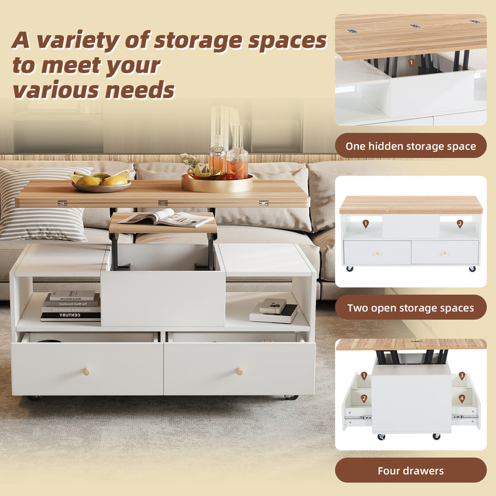 White dual lift-top coffee table 4 drawers with wheels PHOSPHOLIP