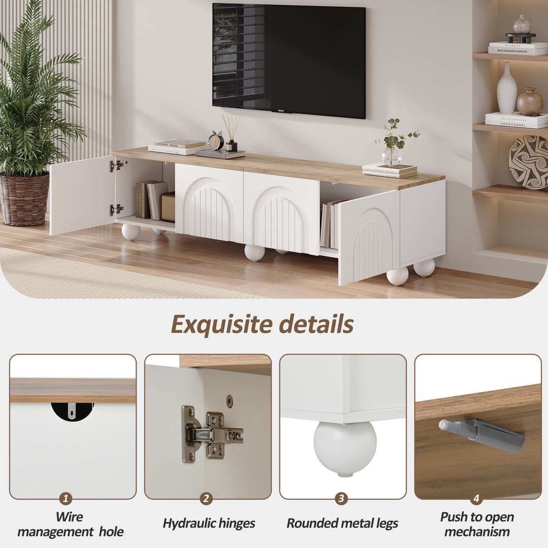 Modern Style White and Oak TV Stand with 4 Doors & Push-Open Storage 180cm WICKERSOFA
